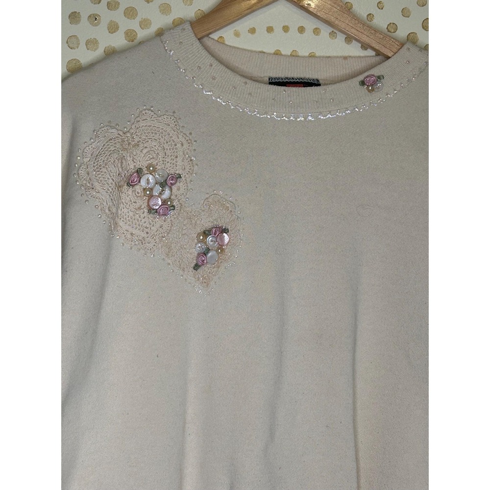 Vintage 90s ‎ LARGE Valentine Lace Heart Ivory Sweatshirt Country Grannycore